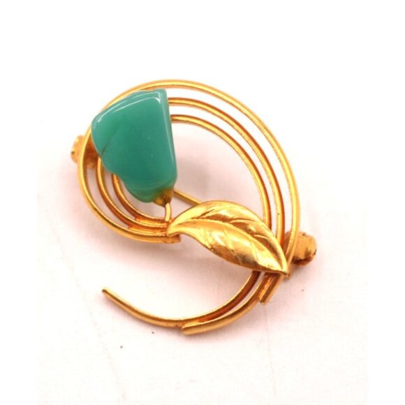 Vintage Leaf Brooch Pin Faux Turquoise Glass Cabochon Unsigned MCM Pc Gold Tone - Picture 3 of 9